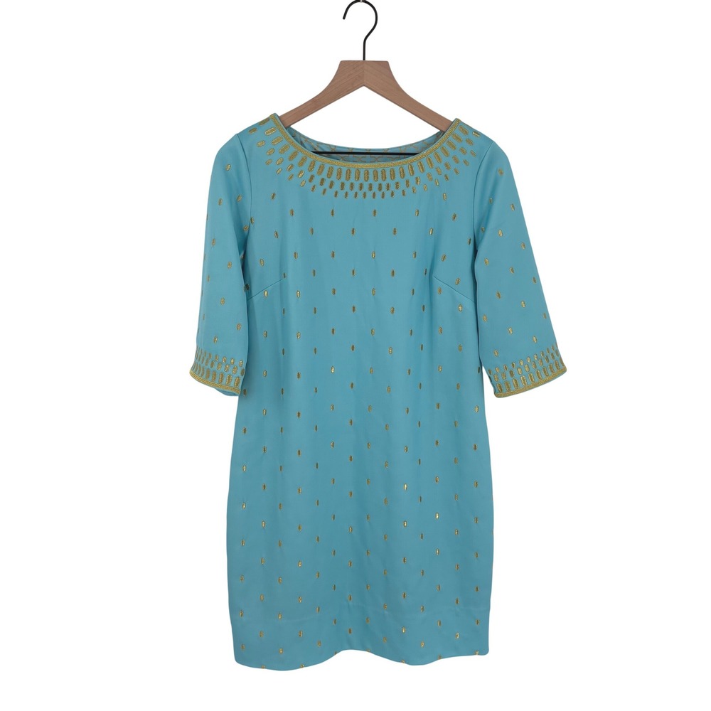 Gretchen Scott Turquoise Blue Gold Embroidered Shift Dress Womens Size Medium